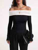 Load image into Gallery viewer, Prettywear Women's Sexy Off Shoulder Tops Dressy Long Sleeves Going Out Nightout Shirt 2025 Fall Clothes(Black_WhitePattern,S)
