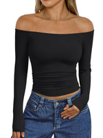 Load image into Gallery viewer, Trendy Queen Womens Long Sleeve Off The Shoulder Tops Going Out Basic T Shirts Cute Sexy Crop Boat Neck Y2K Corset Concert Fall Fashion 2025 Outfits Clothes Black M
