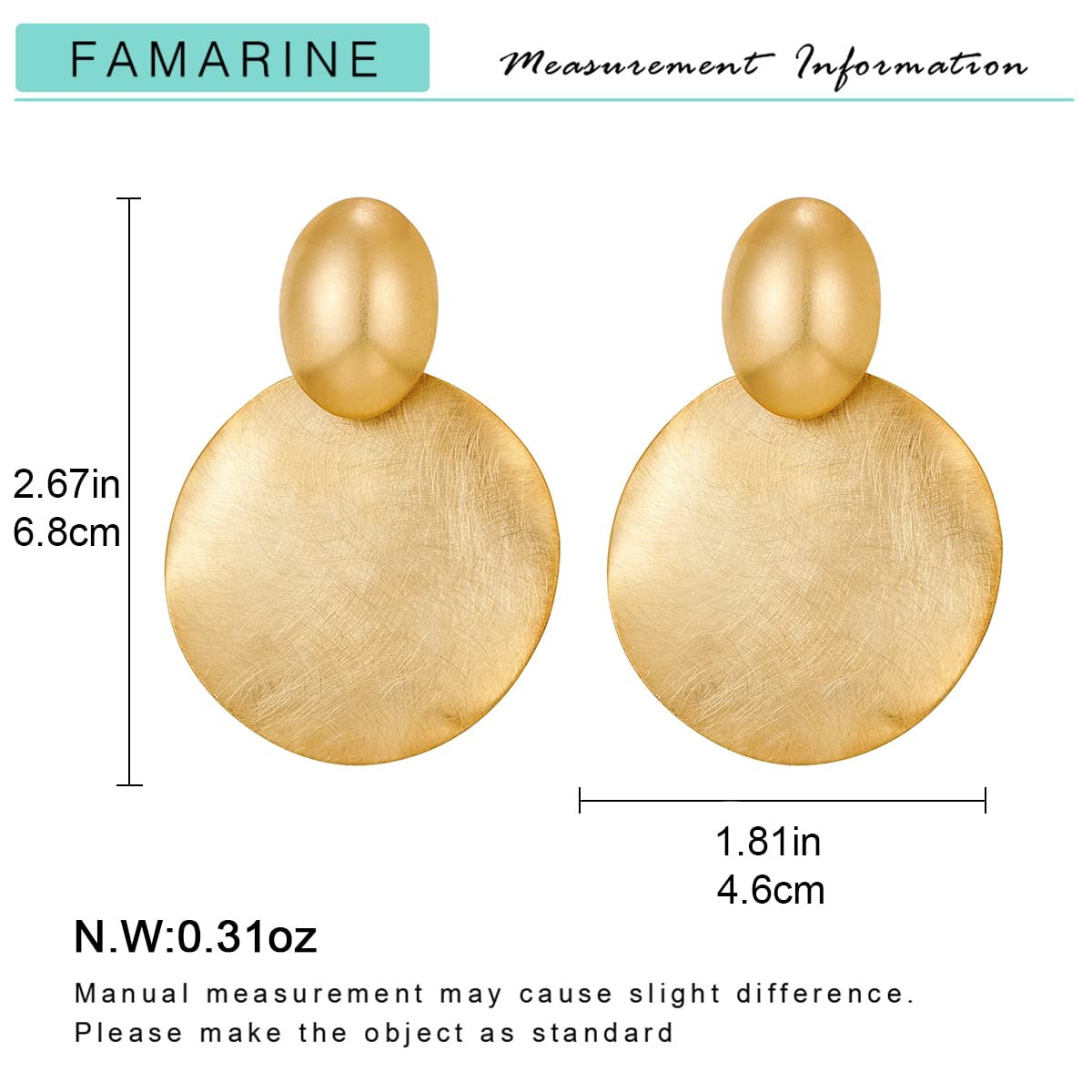 FAMARINE Big Disc Drop Dangle Earrings Statement Brushed Round Hammered Women Earrings Fashion Jewelry, Matte 14K Gold Plated Brass