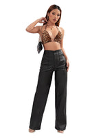 Load image into Gallery viewer, Lover Premium Faux Leather Pants High Waist Coated PU Button Straight Leather Black Leggings Wide Leg Pants with Pockets
