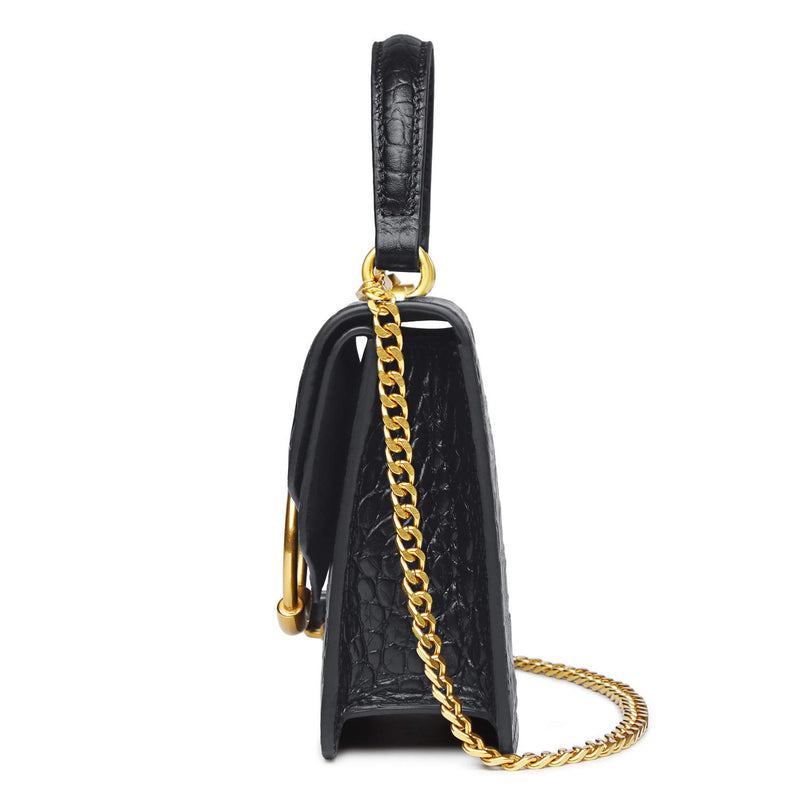 FEIMINA Croc Embossed Top Handle Handbag for Women Leather Mini Crossbody Purse with Gold Chain Strap Ring Closure Evening Bag for Ladies Girls (7.3" L x 5.5" H, Black)