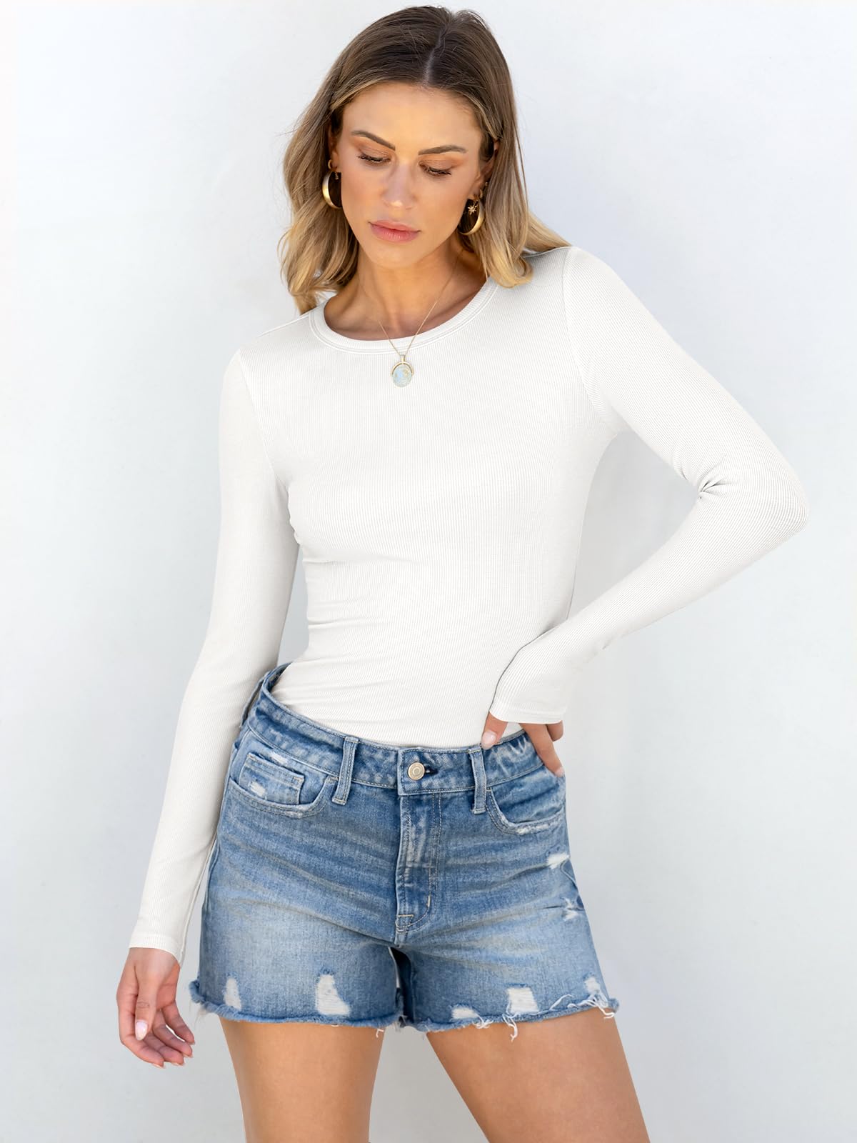ANRABESS Women Long Sleeve Crewneck Rib Knit Slim Fit Shirts Basic Tee Tops 2025 Casual T-Shirt Going Out Workout Outfits White Medium