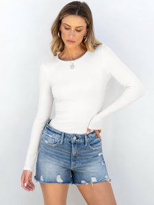 ANRABESS Women Long Sleeve Crewneck Rib Knit Slim Fit Shirts Basic Tee Tops 2025 Casual T-Shirt Going Out Workout Outfits White Medium
