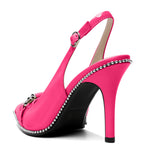 Load image into Gallery viewer, AUMOTED Women's Beaded Slingback Pumps High Heel Pointed Toe Slip On 3.5" Stilettos Ankle Strap Adjustable Buckle Dress Shoes for Wedding Patent Hot Pink US Size 8.5
