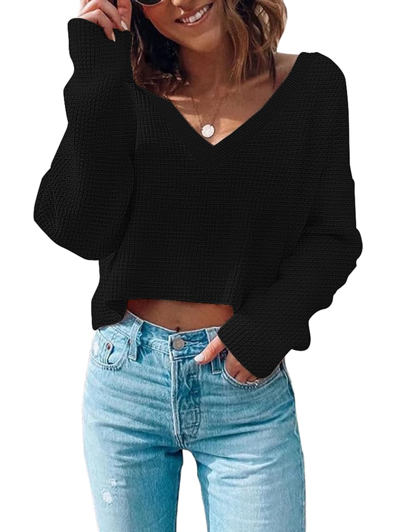 Poetsky Women's Waffle Knit Cropped Top V Neck Long Sleeve Pullover Sweater Casual Solid Crop Sweatshirts Black M