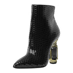 Load image into Gallery viewer, FSJ Women Chic Pointed Toe Crystal Chunky Block High Heel Ankle Boots Glossy Side Zipper Casual Daily Fashion Ladies Shoes Size 7 Black Snakeskin
