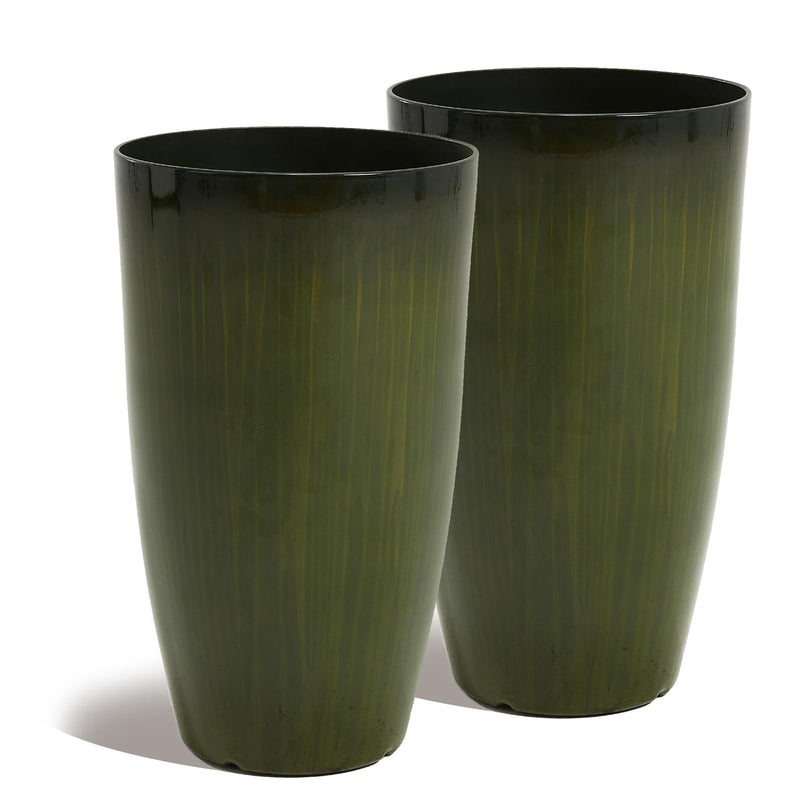 Worth Garden 23.5" H. Large Plastic Planters - Set of 2 Gradient Green Glossy Smooth Finish - Tall Plant Pots for Indoor & Outdoor Use - Decorative Lightweight Flower Pots for Front Porch, Patio, Deck