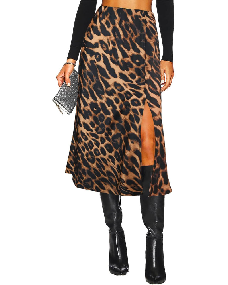 Women's Side Slit A Line Satin Midi Skirt Elastic High Waisted Cheetah Leopard Print Silk Long Skirts for Women