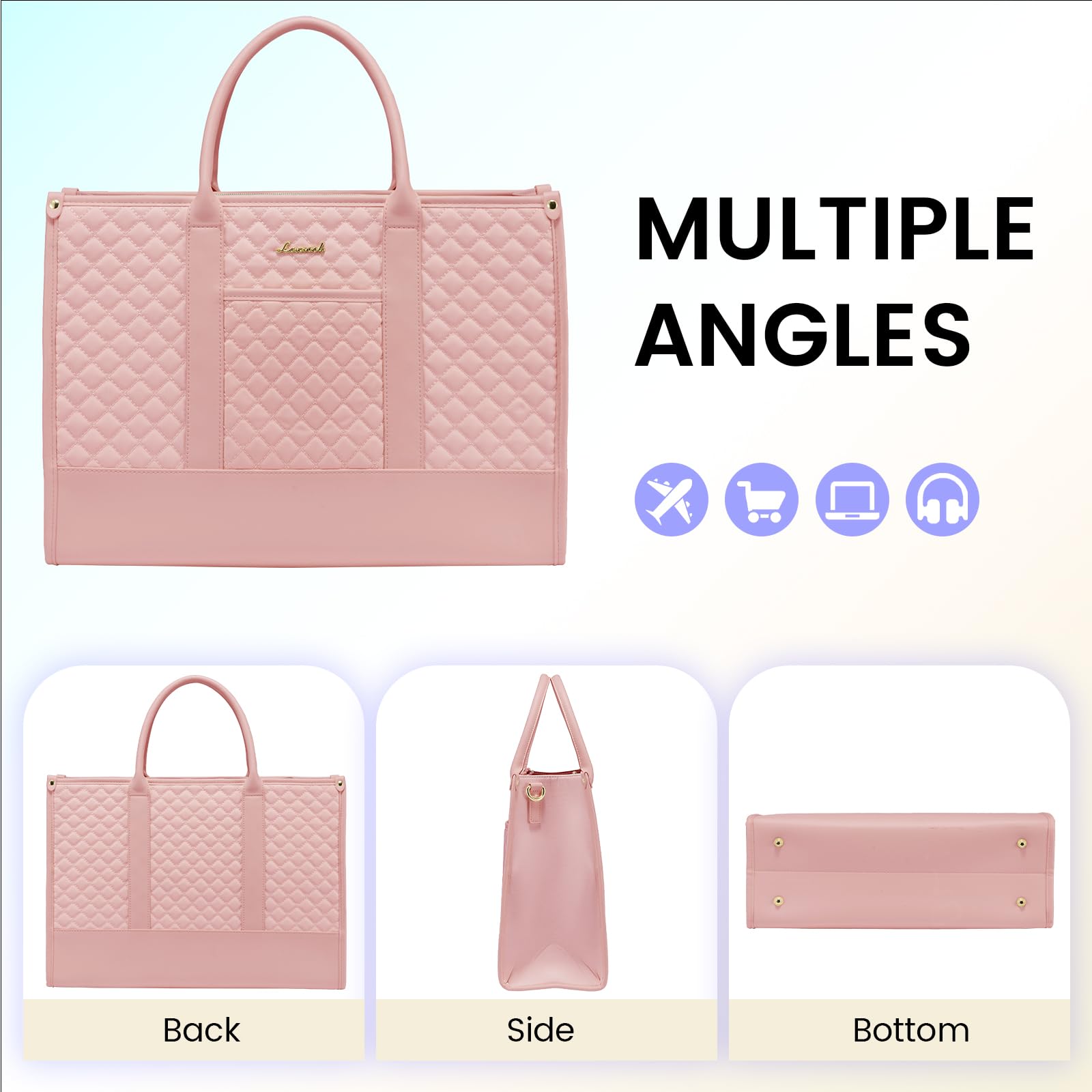 LOVEVOOK Laptop Bags for Women, 15.6 inch Waterproof Work Tote Bag with Clutch, Professional Teacher Computer Purse Lightweight Shoulder Bag Travel, Quilted Pink