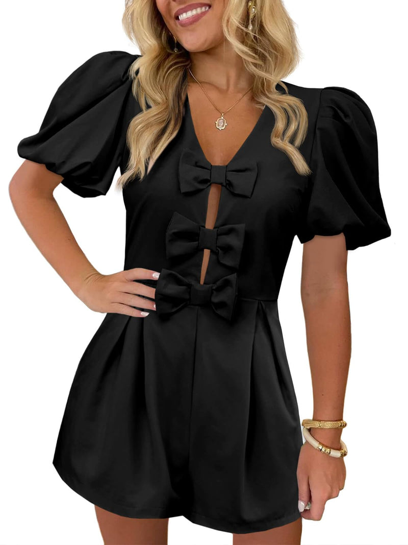 Cicy Bell Womens Cute Rompers Bow Front Puff Sleeve V Neck Short Jumpsuits Sexy Summer Outfits with Pockets