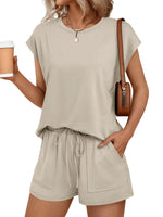 Load image into Gallery viewer, AUTOMET Womens Lounge Two 2 piece Sets Summer Outfits 2025 Loungewear Matching Beach Vacation Clothes Sweatsuits Sweat Pajamas Pjs Romper Top Shorts Fashion Trendy Travel Teen Clothing Khaki M
