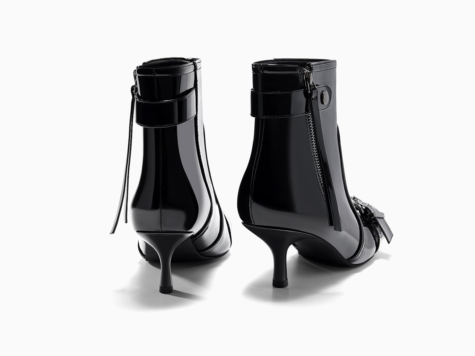 Coutgo Womens Kitten Heel Ankle Boots Pointed Toe Buckle Side Zipper Tassel Fall Winter Booties Shoes, Cool Black, Size 6.5