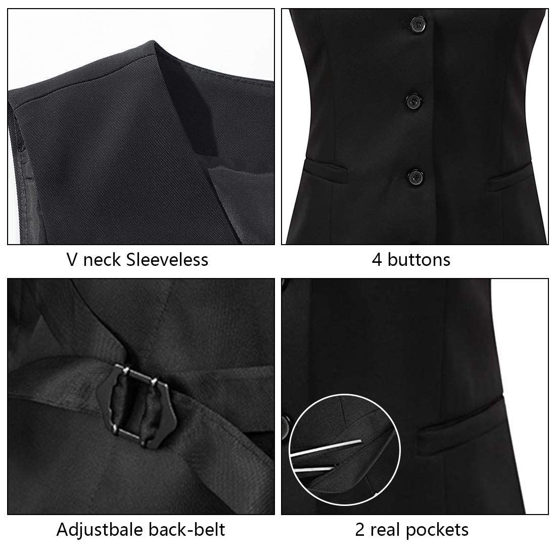 Vocni Women's Fully Lined 4 Button V-Neck Economy Dressy Suit Vest Waistcoat ,Black,US S ,(Asian XL)