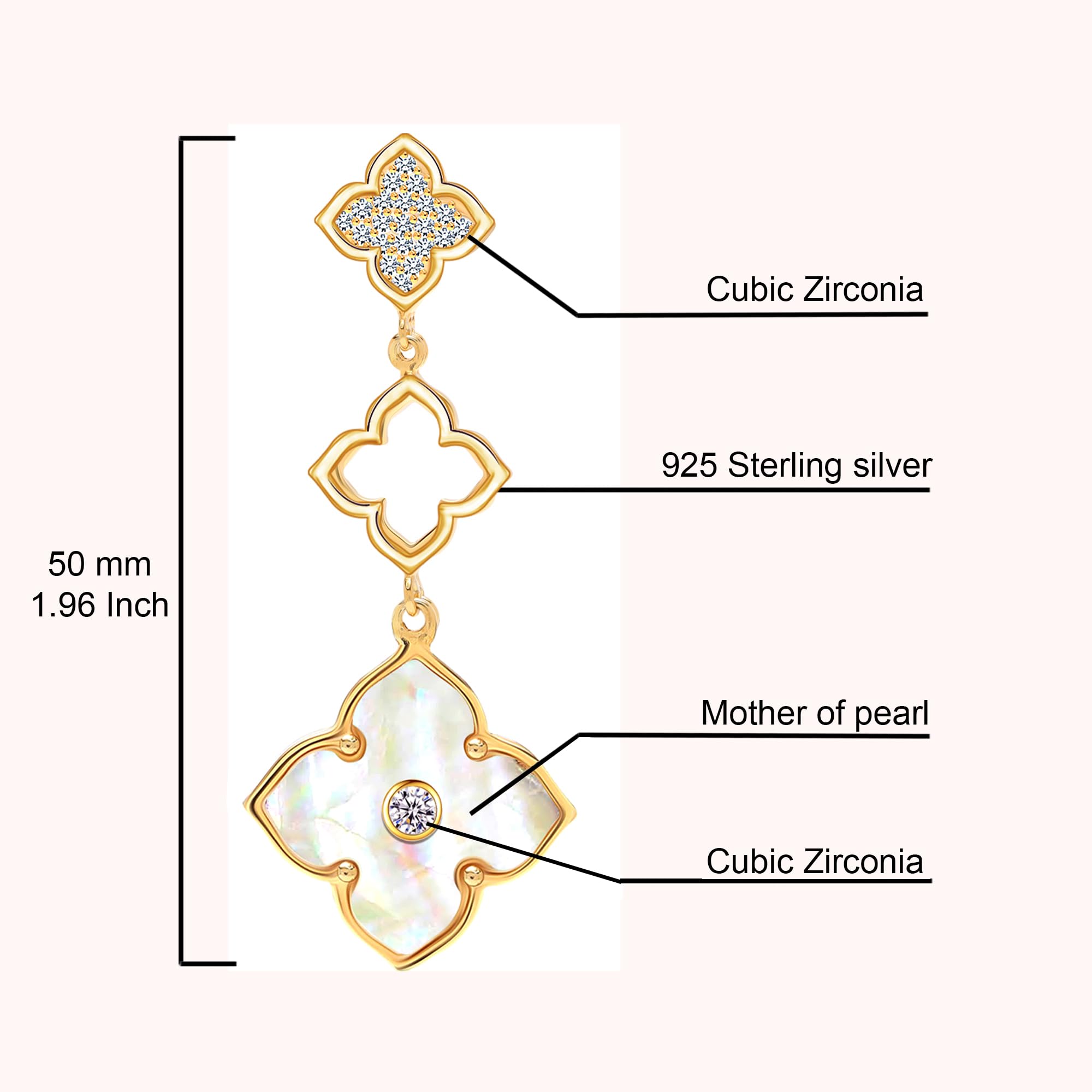 LeCalla 925 Sterlings silver Mother of Pearl Long Drop Earrings | 14K Gold-Plated CZ Three Clover Flower Drop Dangle Earring for Women