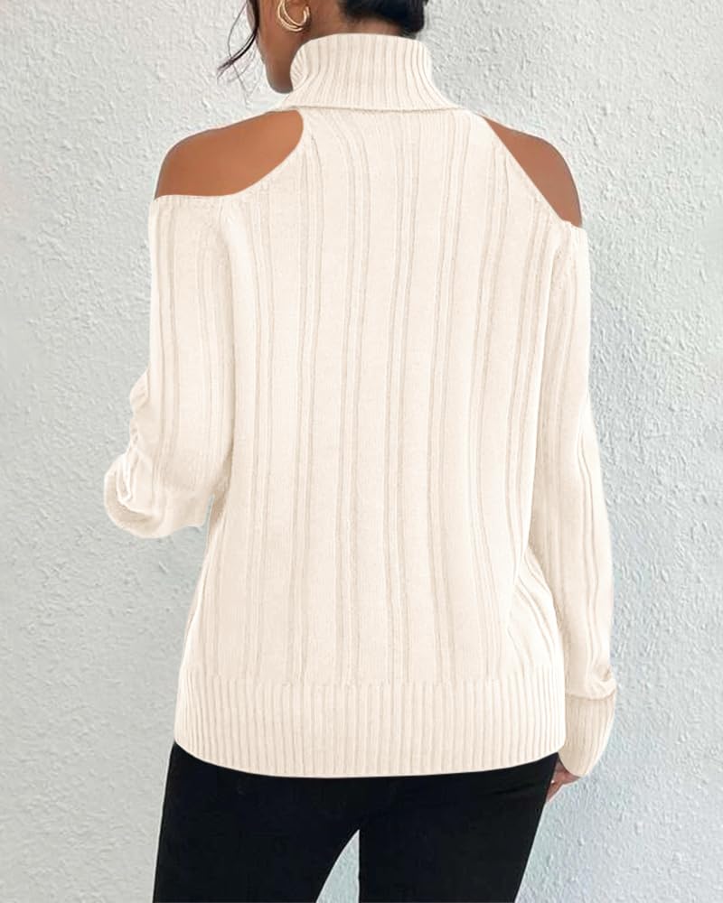 Langwyqu Womens Cold Shoulder Turtleneck Sweaters 2025 Fall Long Sleeve Soft Cable Knit Pullovers Sexy Jumper Tops Beige