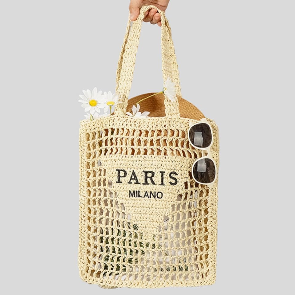 ABHONOR Hollow Crochet Woven Handbag Straw Woven Bag Straw Mesh Tote Bag For Women Woven Beach Shoulder Bag Pool Beach Bags (Beige)