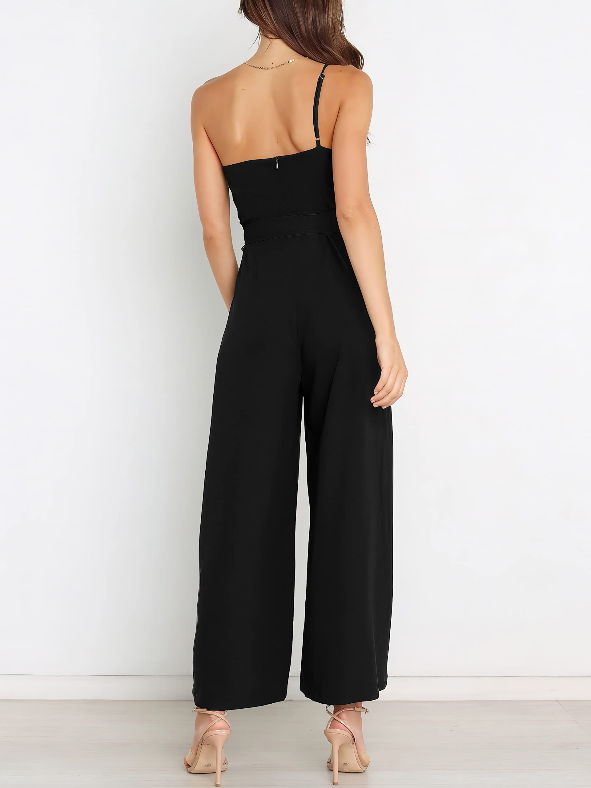 ANRABESS Women Summer Dressy Jumpsuits One Shoulder Sleeveless Casual Wide Leg Pants Romper Jumper 2025 Trendy Outfits Black Medium