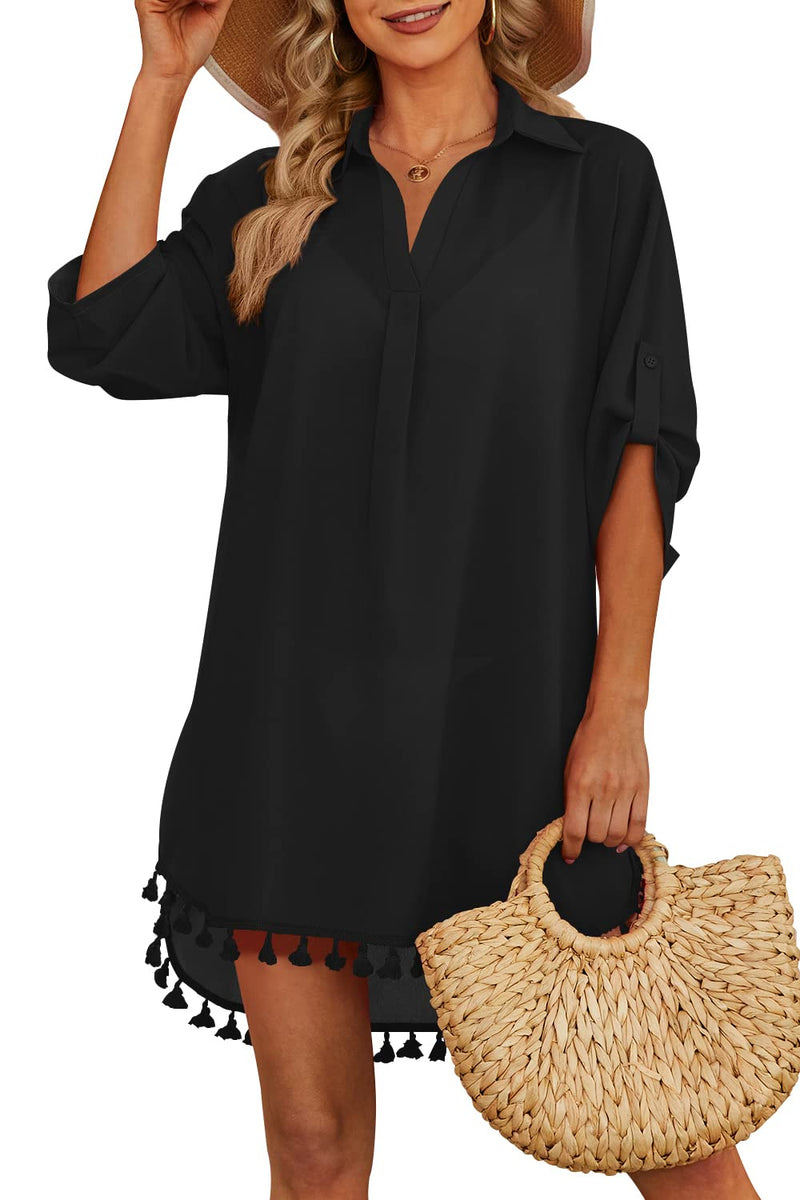 Yincro Women Swimsuit Cover Up Shirt 2025 Tassel Beach Bathing Suit for Swimwear Bikini Dress(Black, L)