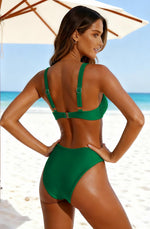 Load image into Gallery viewer, Women’s Bikini Set Two Piece Swimsuit with Metal Accent Top High Cut Bottom Green
