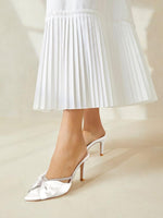 Load image into Gallery viewer, Coutgo Womens Bow Heels Mules Pointed Closed Toe Sandals Rhinestone Satin Backless Wedding Shoes, White, Size 9
