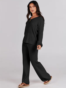 ANRABESS Women 2 Piece Outfits Sweater Lounge Sets Long Sleeve Cable Knit Pullover and Wide Leg Pants Tracksuit Matching Set Black Medium