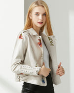 Load image into Gallery viewer, YILANUOYI Women's Embroidered Studded Faux Leather Jacket Moto Punk Jacket Floral Coat (M, XHPY Beige)
