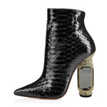 Load image into Gallery viewer, FSJ Women Chic Pointed Toe Crystal Chunky Block High Heel Ankle Boots Glossy Side Zipper Casual Daily Fashion Ladies Shoes Size 7 Black Python Print
