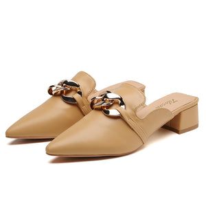 Tilocow Metal Chain Decor Mules Heels for Women Chunky Heeled Sandals Slip on Closed Toe Slides for Women Backless Mules Brown 8