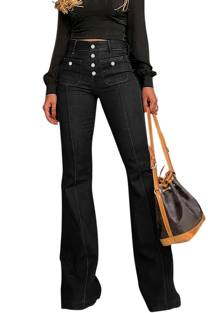 GOLDPKF Womens Bell Bottom High Waisted Jeans Flare Curvy Tummy Control Button Fly Denim Pants Slim Stretch Bootcut Leg Trouser with Pockets Black M