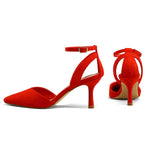 Load image into Gallery viewer, mysoft Women's Pumps Shoes Pointed Toe Kitten Low Heels Stiletto Ankle Strap Closed Toe Wedding Party Dress Sandals Red Suede
