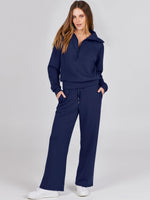 Load image into Gallery viewer, ANRABESS Women 2 Piece Outfits 2025 Fall Fashion Airport Wide Leg Pants Lounge Set Leisure Travel Vacation Clothes Sweatsuits Navy Blue Medium
