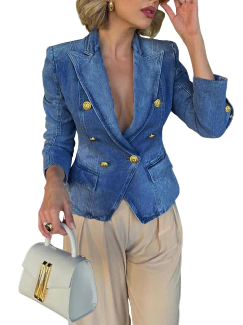 utcoco Women's Notched Lapel Double Breasted Denim Blazer Trendy Casual Slim Fit Long Sleeve Jean Jacket (Medium, Dark Blue)
