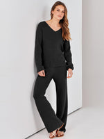Load image into Gallery viewer, ANRABESS Women 2 Piece Outfits Sweater Lounge Sets Long Sleeve Cable Knit Pullover and Wide Leg Pants Tracksuit Matching Set Black Medium
