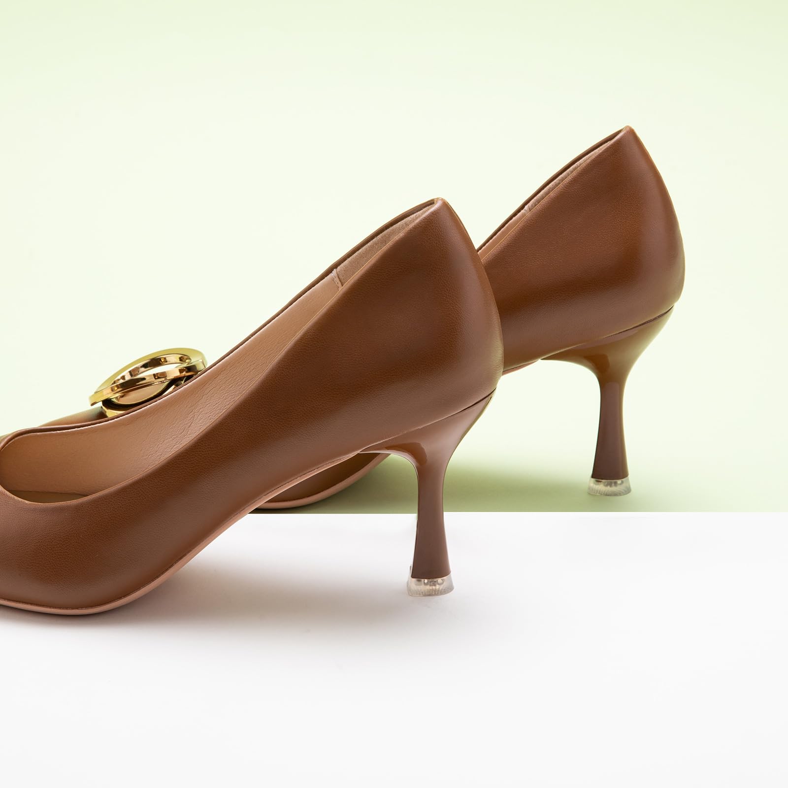 C.Paravano Luxury Metal Accent Stiletto Heels | Business Meeting & Wedding Shoes | Memory Foam Comfort | Slip-Resistant Work & Cocktail Pumps (Brown,Size 8.5)
