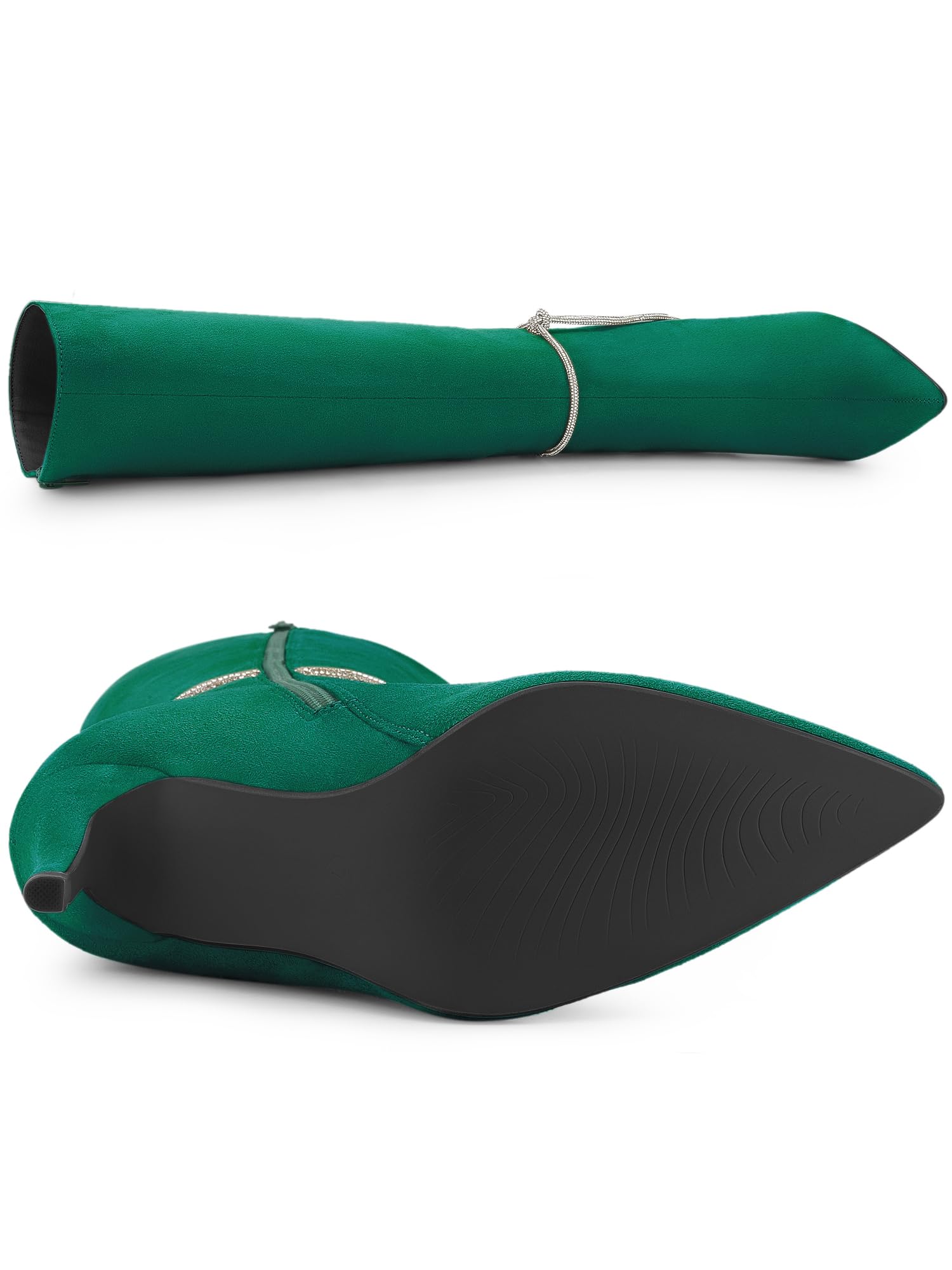 Allegra K Women's Rhinestone Chain Pointed Toe Stiletto Heels Green Knee High Boots 9 M US