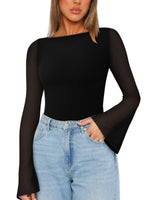 Load image into Gallery viewer, REORIA Women’s Fall Trendy Sexy Boat Neck Long Sleeve Sheer Mesh Slimming Going Out Bodysuit Tops for Vacation Black Medium

