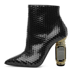 Load image into Gallery viewer, FSJ Women Chic Pointed Toe Crystal Chunky Block High Heel Ankle Boots Glossy Side Zipper Casual Daily Fashion Ladies Shoes Size 7 Black Snakeskin
