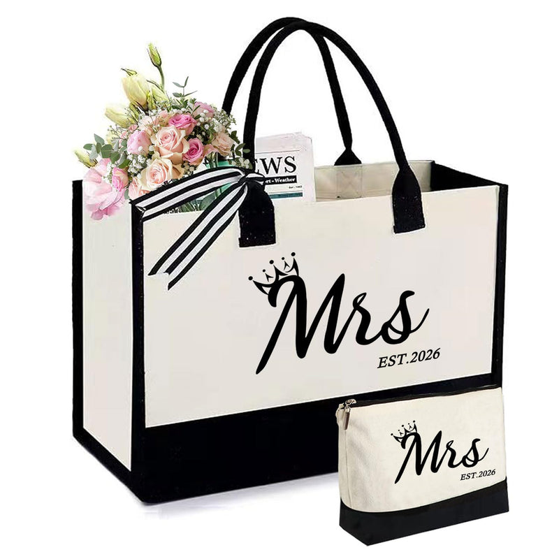 KDBDSYZB Mrs 2026 Bride Canvas Tote Bag, Gifts for Wedding BridalShower, mrs 2026 bag with Makeup Bag，Bachelorette Party, Bride to be Gifts, Miss to Mrs Bag,Christmas Personalized Bridesmaid Gift