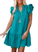 Load image into Gallery viewer, Dokotoo Summer Dresses for Women Sun Dresses 2024 Elegant V Neck Drawstring Ruffle Solid Pockets Cap Short Sleeve Casual Dresses for Women Green Medium
