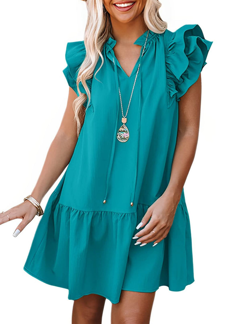 Dokotoo Summer Dresses for Women Sun Dresses 2024 Elegant V Neck Drawstring Ruffle Solid Pockets Cap Short Sleeve Casual Dresses for Women Green Medium