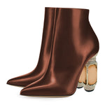 Load image into Gallery viewer, FSJ Women Chic Pointed Toe Crystal Chunky Block High Heel Ankle Boots Glossy Side Zipper Casual Daily Fashion Ladies Shoes Size 7 Brown
