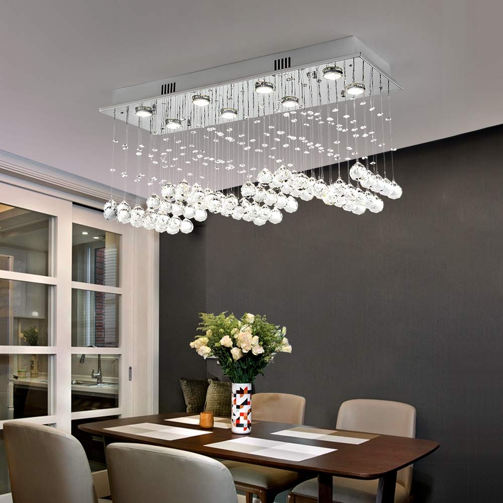 Maxax Rectangle Crystal Raindrop Chandelier, 8 Lights Modern Flush Mount Pendant Lighting, K9 Clear Ceiling Light Fixture, for Living Room, Bedroom, Dining Room, Kitchen Island