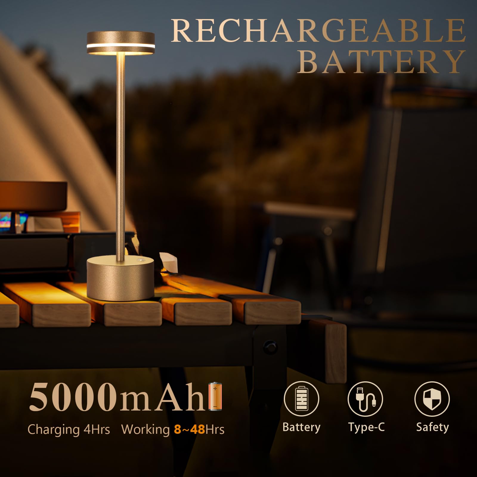 2 Pack Cordless Table Lamp Rechargeable, 3 Way Dimmable Touch Lamp & 5000mAh Long Battery Time, Portable Small Metal Light for Reading/Office/Bedroom/Dining/Nightstand/Desk, Gift for Home Décor – Gold