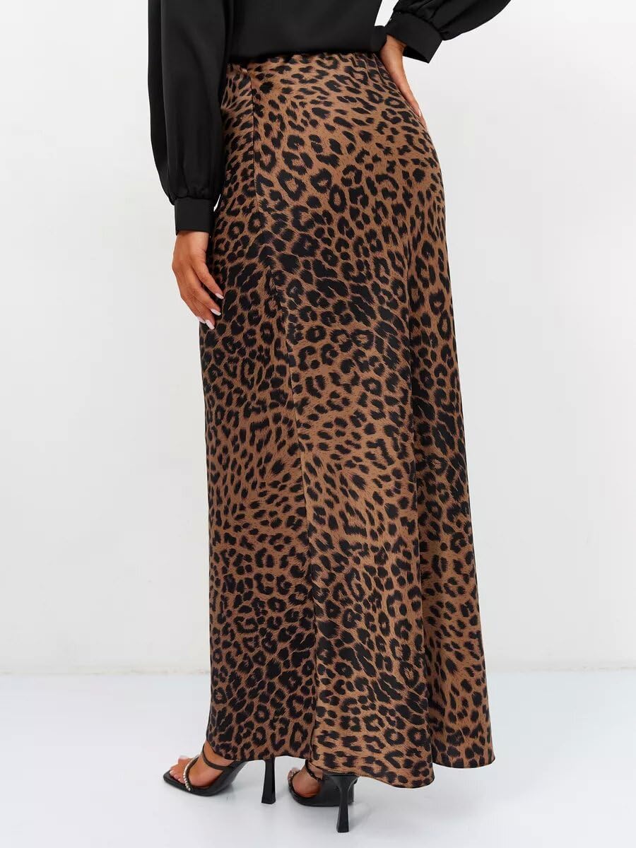 Islis Women's Slik Satin Leopard High Waist Wrap Elastic Waisted Maxi Long Skirt (US, Alpha, Large, Regular, Regular, Brown)