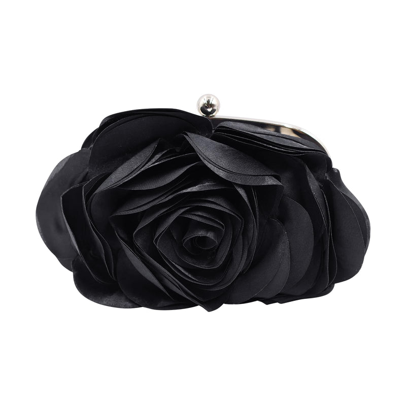 Little Floral Clutch Purse for Women - Elegant Rose Petal Evening Bag with Detachable Chain for Wedding, Gala, Prom, Black