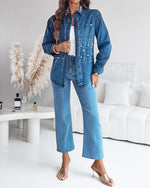 Load image into Gallery viewer, CHICME Womens Pearl Rhinestone Embellished Denim Shirt Long Sleeve Button Down Turn Down Collar Casual Jean Blouse Top for Daily and Party-Blue-M
