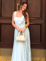Load image into Gallery viewer, Wenlion Pleated Satin Wedding Guest Dress Maxi Aqua Square Neck Bridesmaid Dresses Long Spring Summer Formal A-Line Evening Party Gown 0
