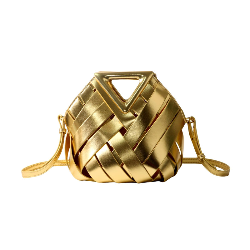 Designer Inspired Woven Bucket Bag for Women, Vegan Leather Multi-functional Crossbody Tote Purse Retro Style (Gold)