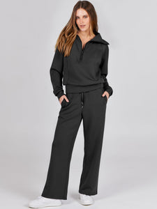 ANRABESS Women 2 Piece Outfits 2025 Fall Fashion Airport Wide Leg Pants Lounge Set Leisure Travel Vacation Clothes Sweatsuits Black Medium