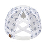 Load image into Gallery viewer, C.C Women's Criss-Cross Ponytail Baseball Cap – Embroidered Cotton Front, American Flag Mesh Back, Adjustable Velcro (US, Alpha, One Size, Flag-White)

